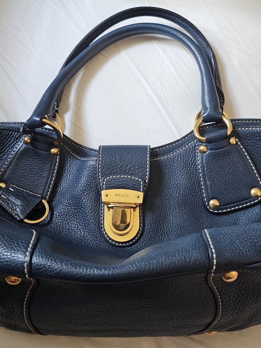 Prada Navy Leather Satchel with Gold Hardware